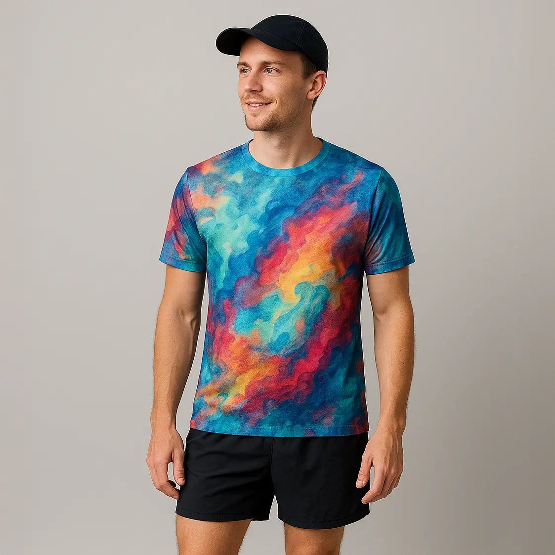 Mężczyzna w sportowej koszulce fullprint z własnym nadrukiem, w  krótkich spodenkach i czapce z daszkiem