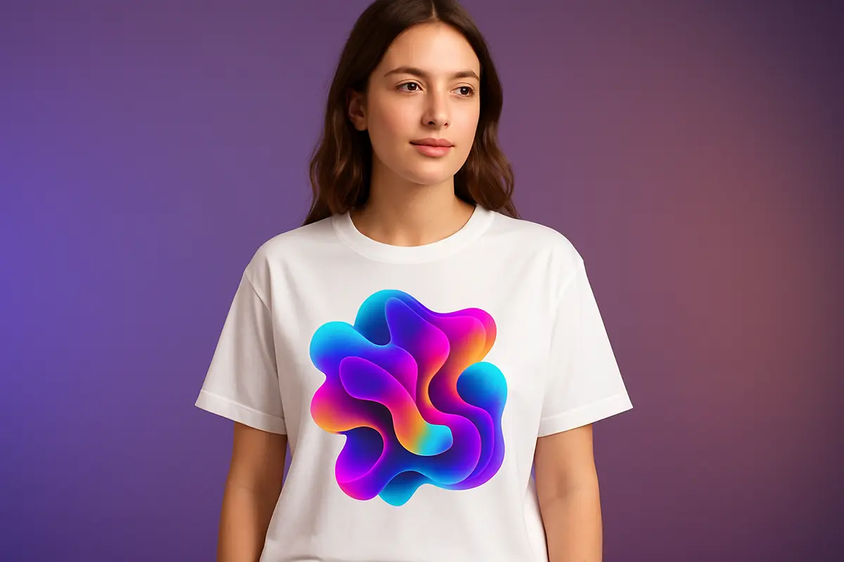 modelka w białej koszulce z abstrakcyjną grafiką w neonowych gradientach.