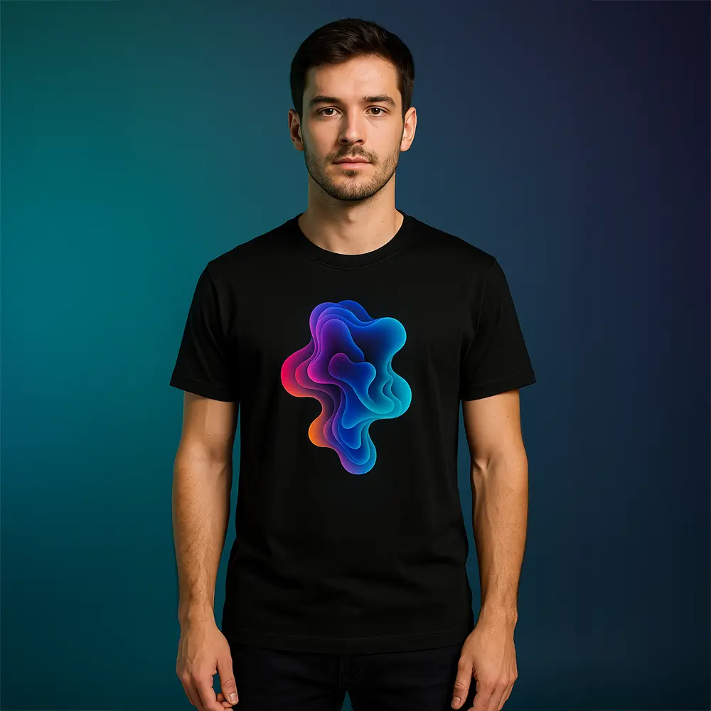 Mężczyzna w czarnej koszulce z abstrakcyjną grafiką w odcieniach magenty, fioletu i turkusu; tło gradientowe
