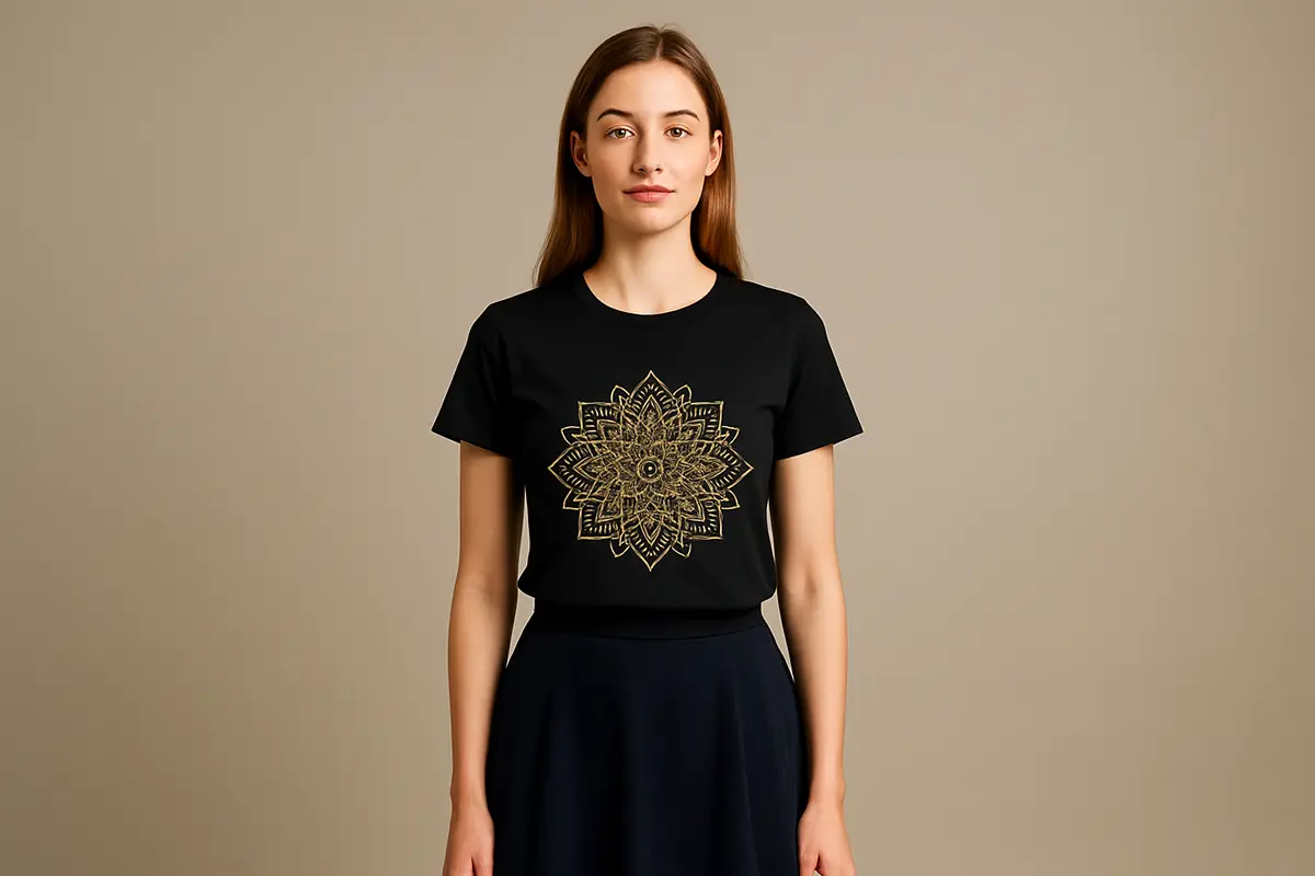 Czarna koszulka z własnym nadrukiem z geometryczną mandalą w złotym kolorze; ujęcie studyjne, spódnica A-line.