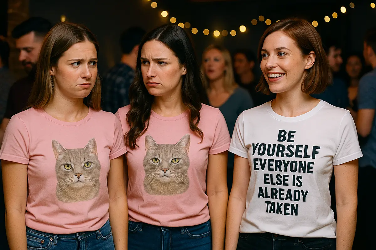 Trzy przyjaciółki na imprezie, dwie w takich samych różowych koszulkach z kotem i jedna w wyróżniającej się koszulce z własnym nadrukiem z napisem BE YOURSELF
