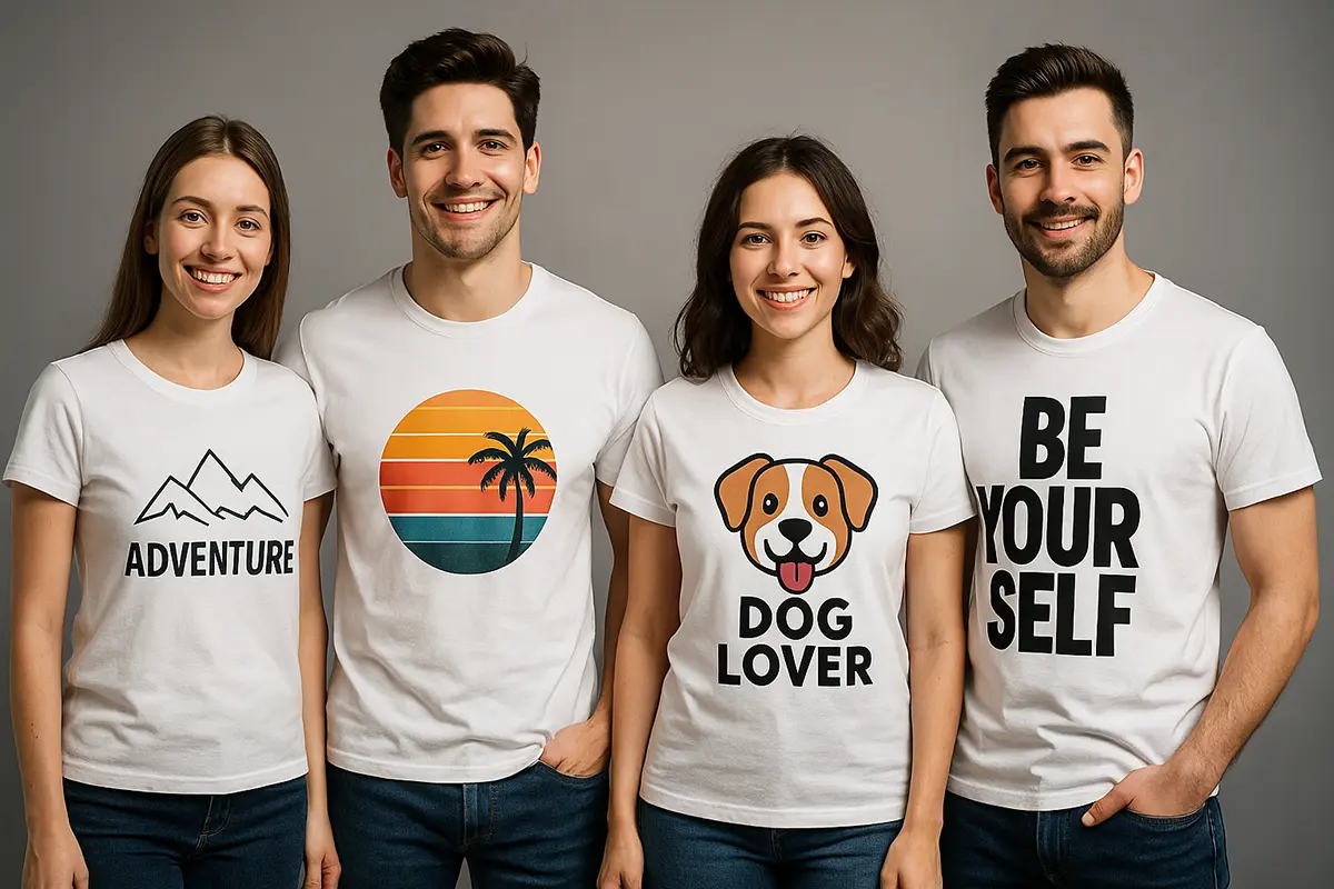 Cztery osoby w koszulkach z własnym nadrukiem, zdjęcie studyjne do poradnika o koszulkach z własnym nadrukiem