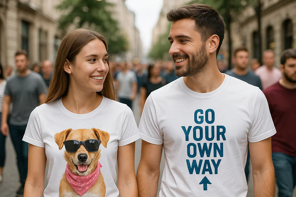 para w mieście, ubrani w koszulki z własnym nadrukiem