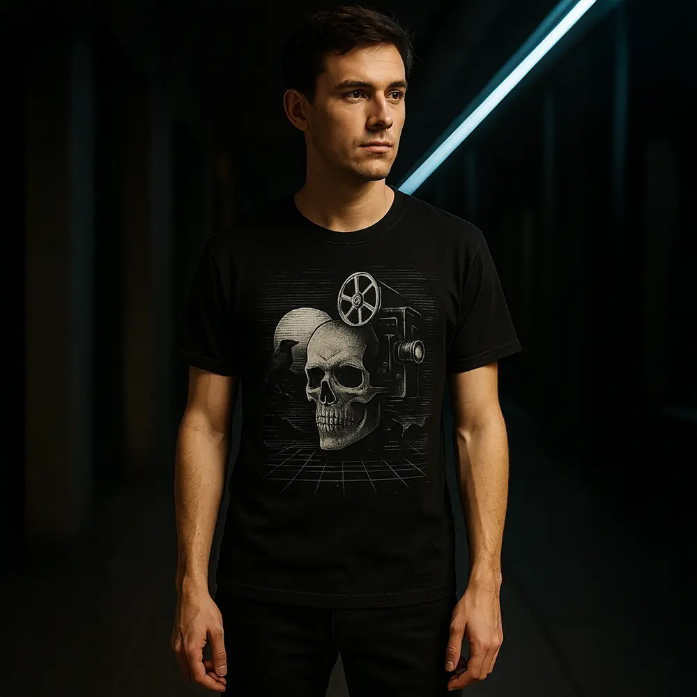 Męska czarna koszulka z mroczną cyfrową grafiką: czaszka, stary projektor i siatka retro; nocne ujęcie w neonowej scenerii.