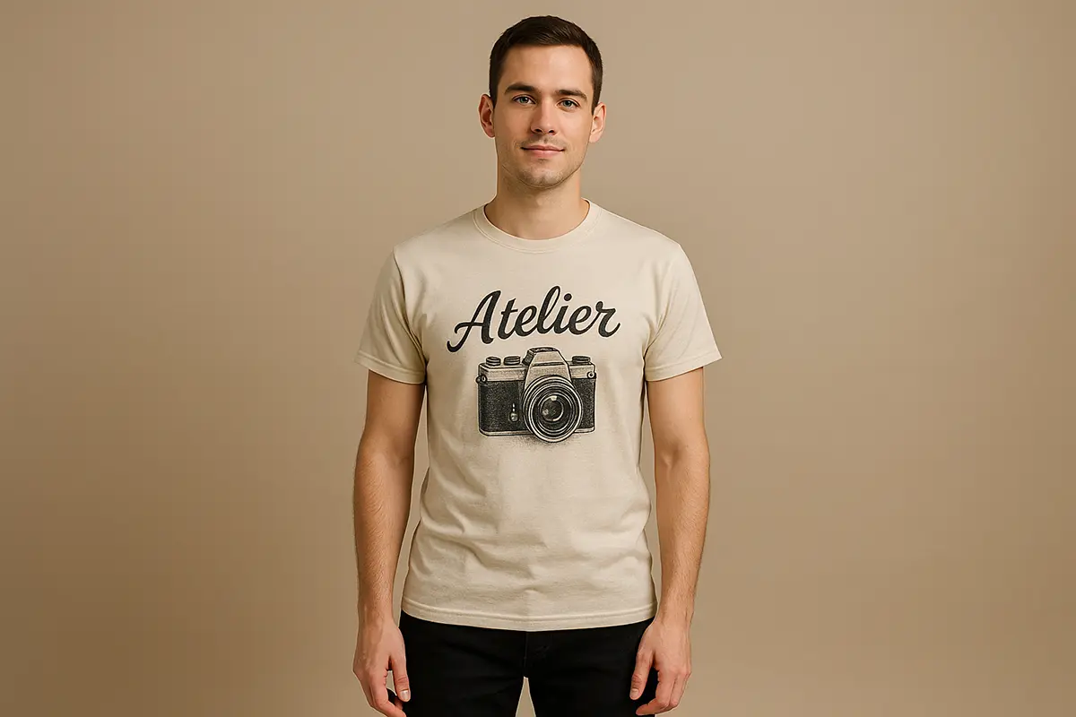 Kremowa męska koszulka z własnym nadrukiem w stylu vintage — stary aparat i napis „Atelier”; beżowe tło, ujęcie studyjne.