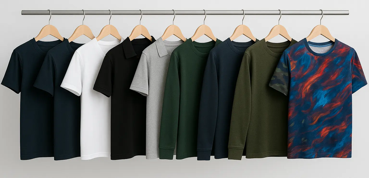 Zbliżenie na kilka fasonów koszulek pod nadruk – T-shirt klasyczny, koszulka V-neck, polo, koszulka sportowa, model z długim rękawem i koszulka moro zawieszone na jednym wieszaku