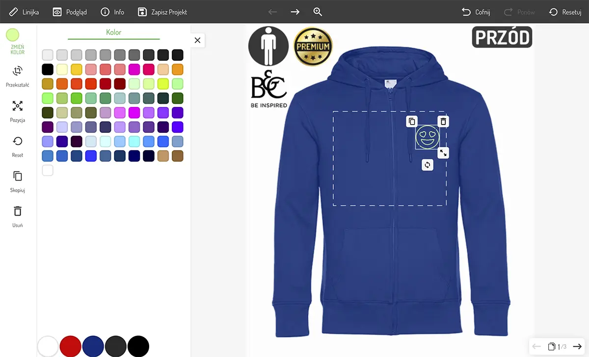 Kreator nadruków, projektowanie męskiej rozpinane bluzy z kapturem