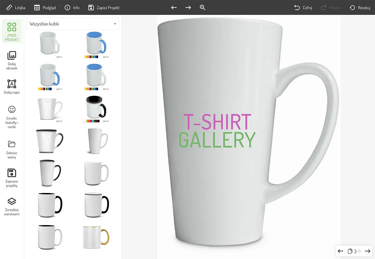 Okno kreatora nadruków - projektowanie kubka firmowego z logo