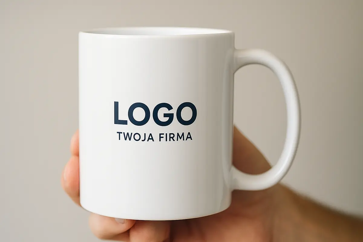 biały, podstawowy kubek firmowy z logo i nazwą firmy