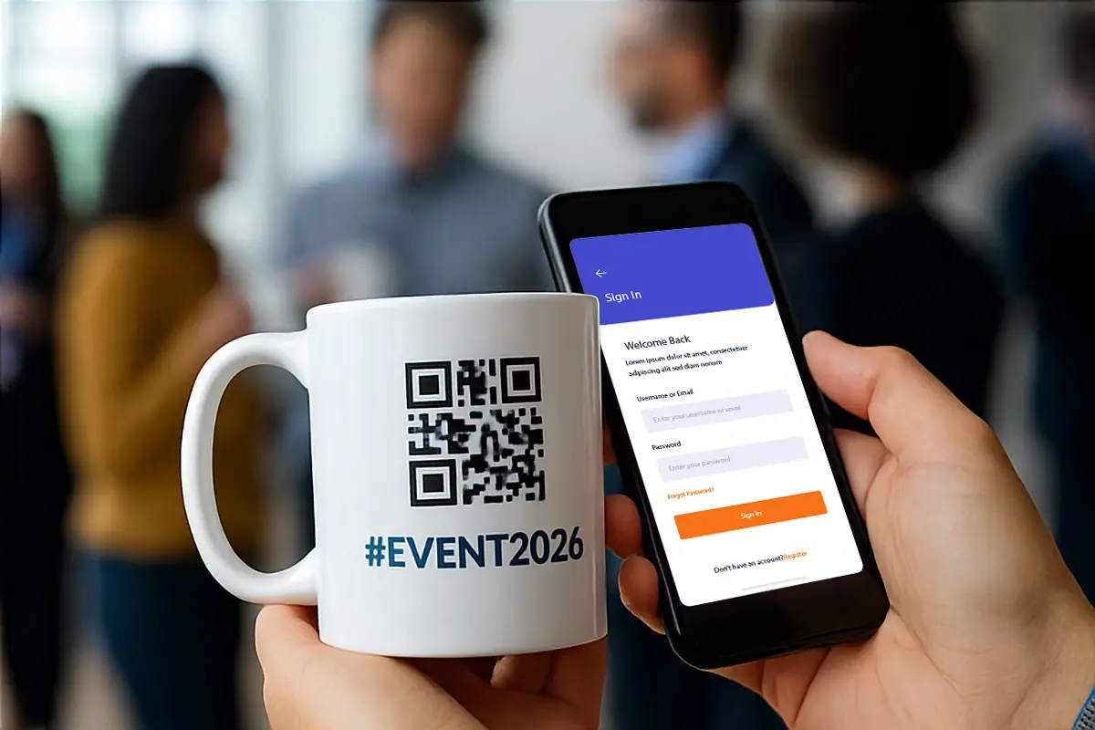 kubek z kodem QR w jednej ręce, w drugiej telefon z otwartą aplikacją