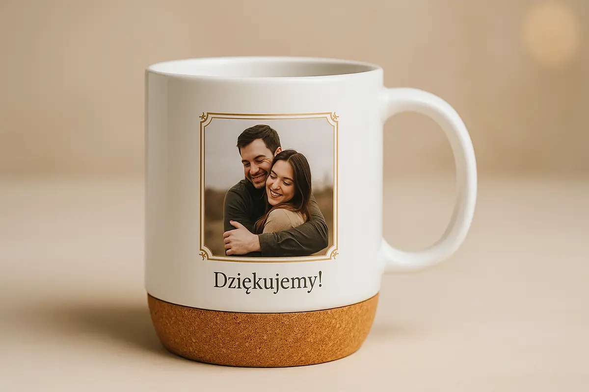 Bialy kubek z korkowa podstawa i zdjeciem pary w eleganckiej ramce, napis „Dziekujemy!” — personalizowany kubek z wlasnym nadrukiem na wyjatkowa okazje.
