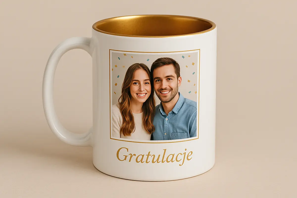 Bialy kubek z metalicznym wnętrzem i zdjeciem pary w eleganckiej ramce, napis „Gratulacje” — personalizowany kubek z wlasnym nadrukiem na wyjatkowa okazje.