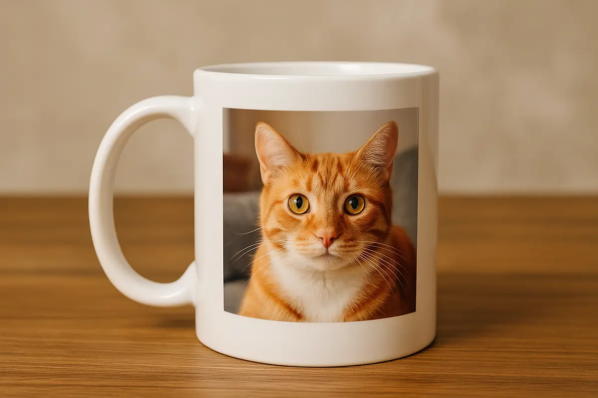 Biały kubek z nadrukiem portretu rudego kota na neutralnym tle — personalizowany kubek ze zdjeciem dla milosnikow zwierzat.