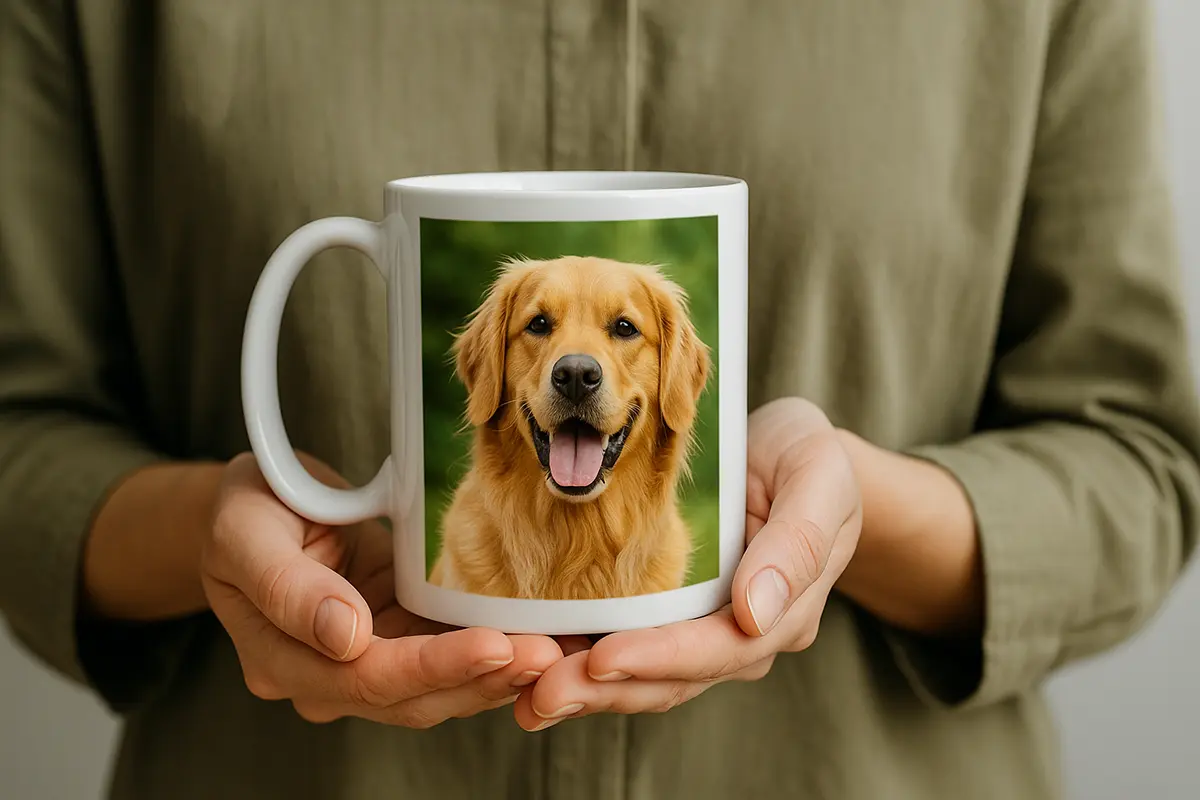 Osoba trzyma bialy kubek ze zdjeciem golden retrievera — jasny, kontrastowy portret na personalizowany kubek ze zdjeciem.