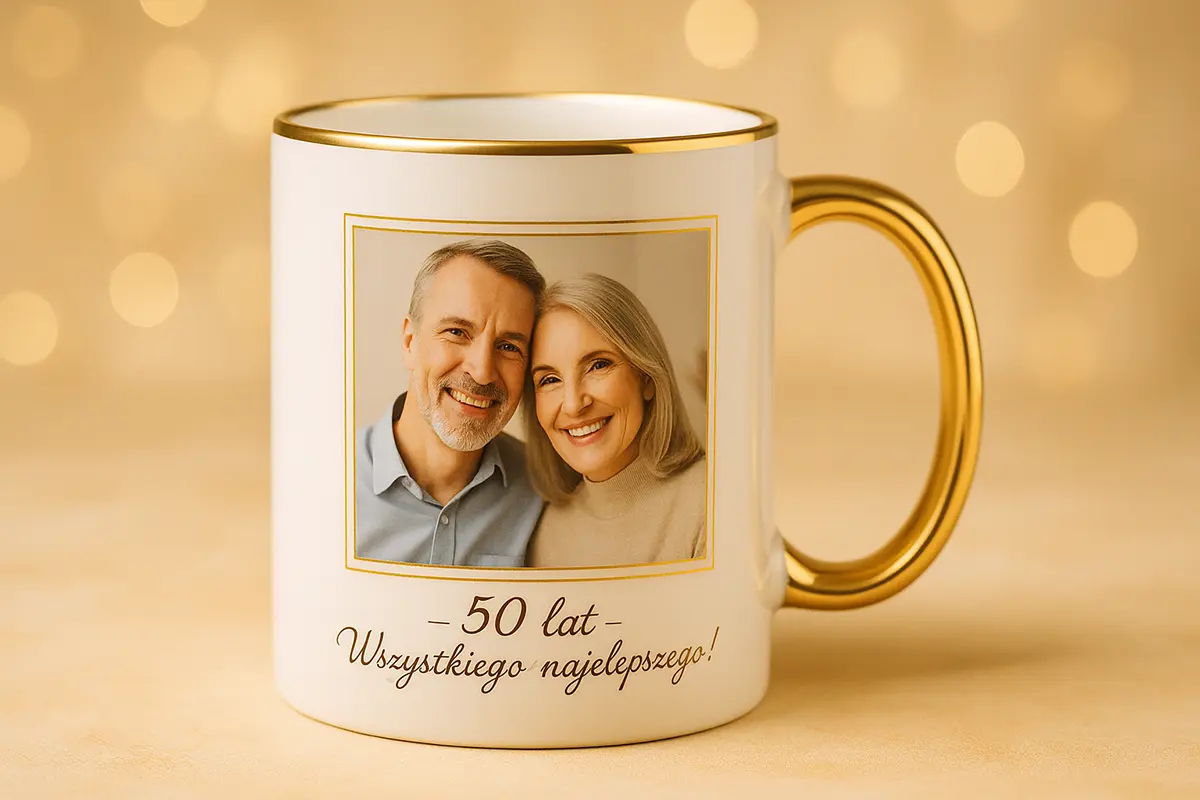 Bialy kubek ze złotym uchem i rantem oraz zdjeciem pary w eleganckiej ramce, napis „50 lat - wszystkiego najlepszego!” — personalizowany kubek z wlasnym nadrukiem na wyjatkowa okazje.