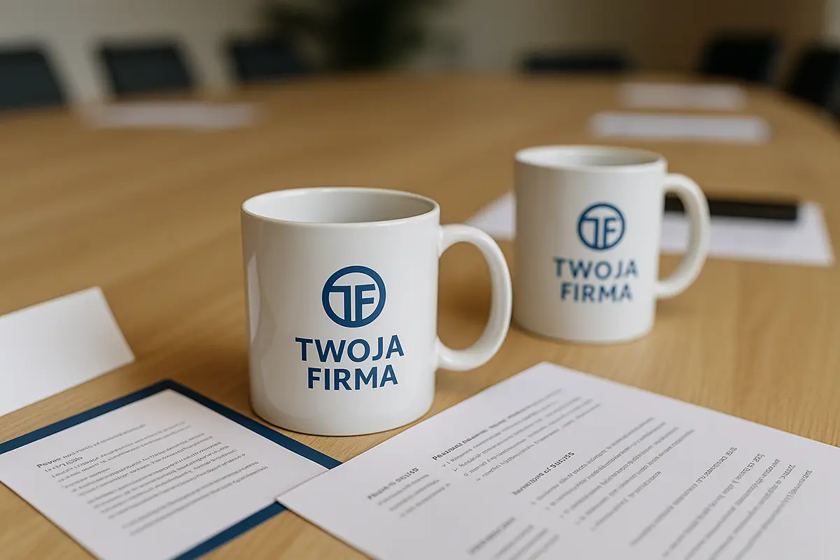 2 kubki firmowe z logo i nazwą firmy na stole konferencyjnym, obok firmowe dokumenty