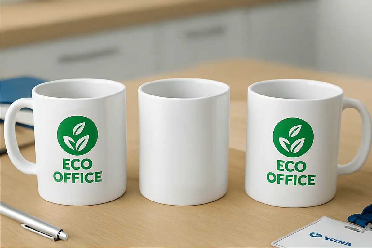 trzy kubki firmowe na stole w firmowej kuchni, na każdym nadruk ECO OFFICE