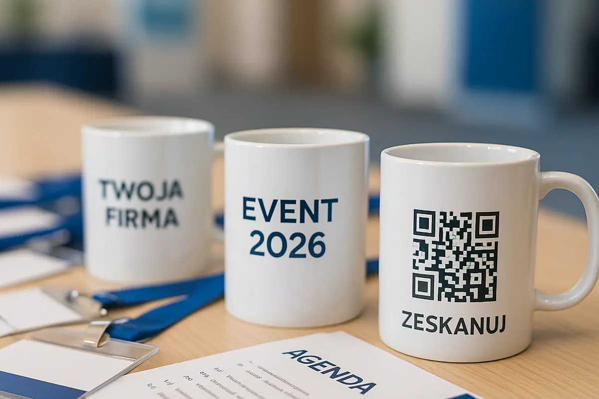 Zbliżenie na trzy kubki firmowe z nadrukiem przy materiałach eventowych: agenda i identyfikatory.