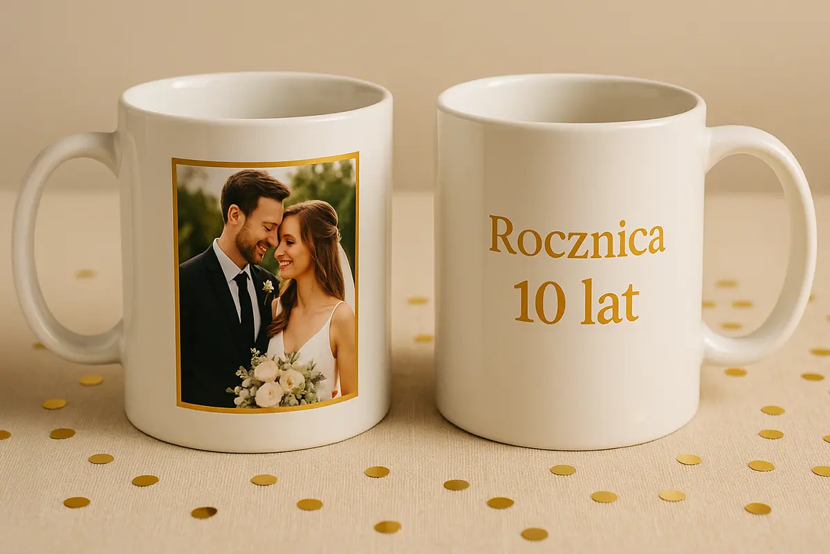 Dwa biale kubki z uszkami: na pierwszym nadruk zdjecia pary mlodej w delikatnej zlotej ramce, na drugim napis „Rocznica 10 lat” w kolorze zlotym — personalizowane kubki ze zdjeciem i dedykacja.