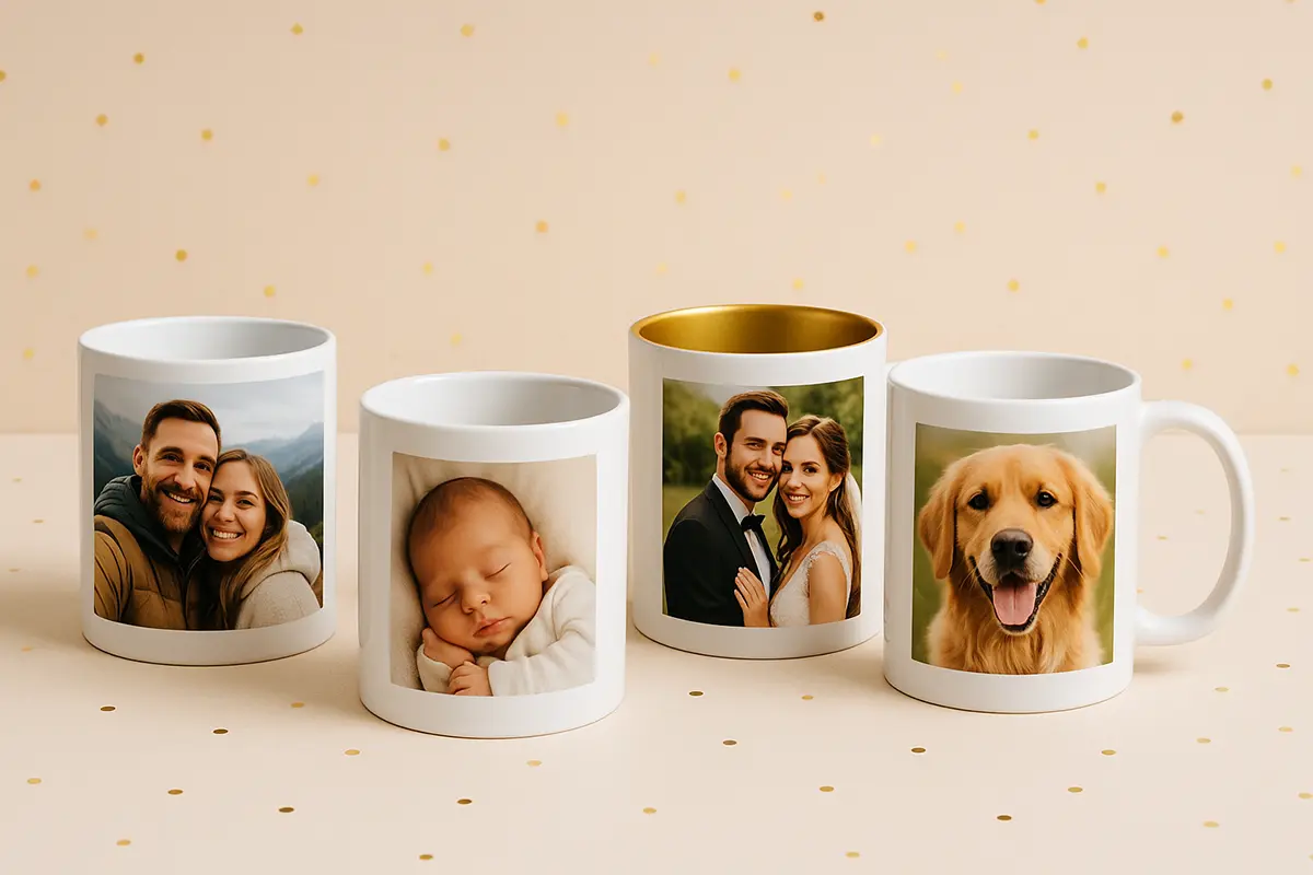 Cztery biale kubki z wlasnym nadrukiem: selfie pary w gorach, portret spiacego niemowlaka, para mloda w zlotym obramowaniu oraz golden retriever; delikatne zlote konfetti w tle, jeden kubek ze zlotym wnetrzem.