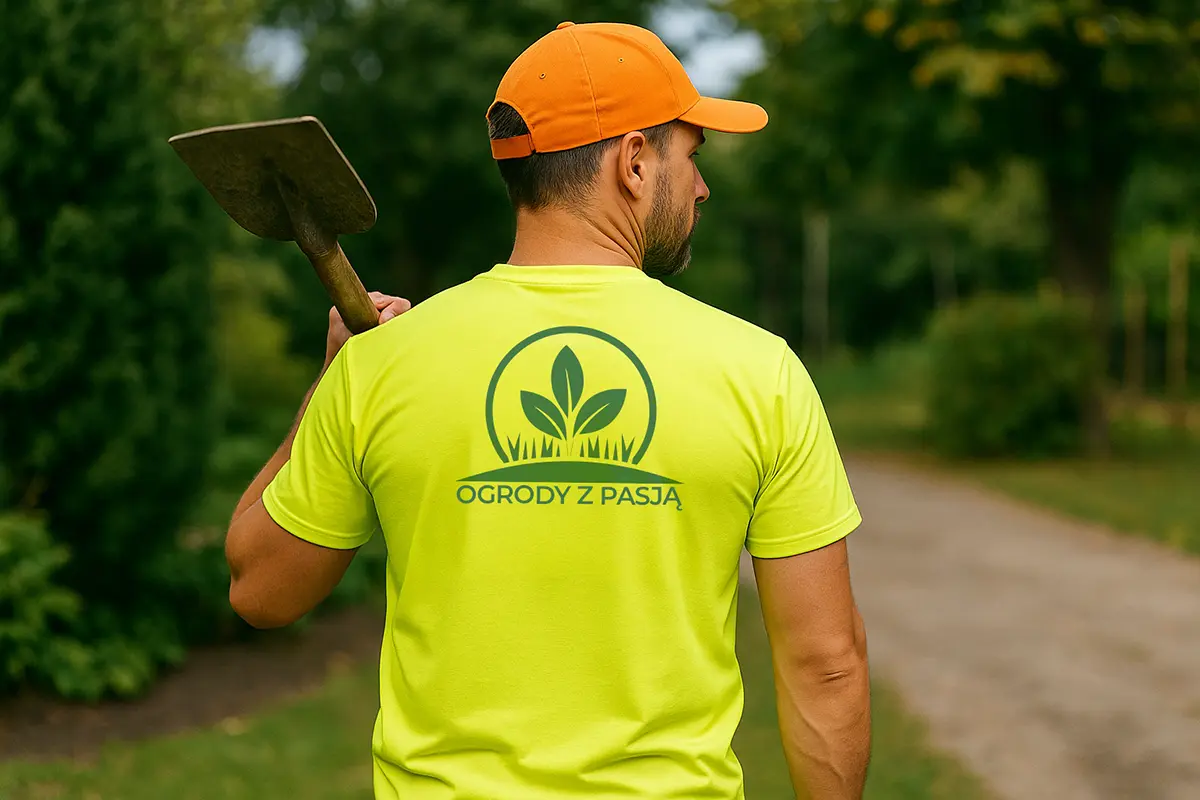 Mężczyzna w żółtej koszulce z dużym nadrukiem logo na plecach, przykład koszulki z nadrukiem dla pracownika w terenie