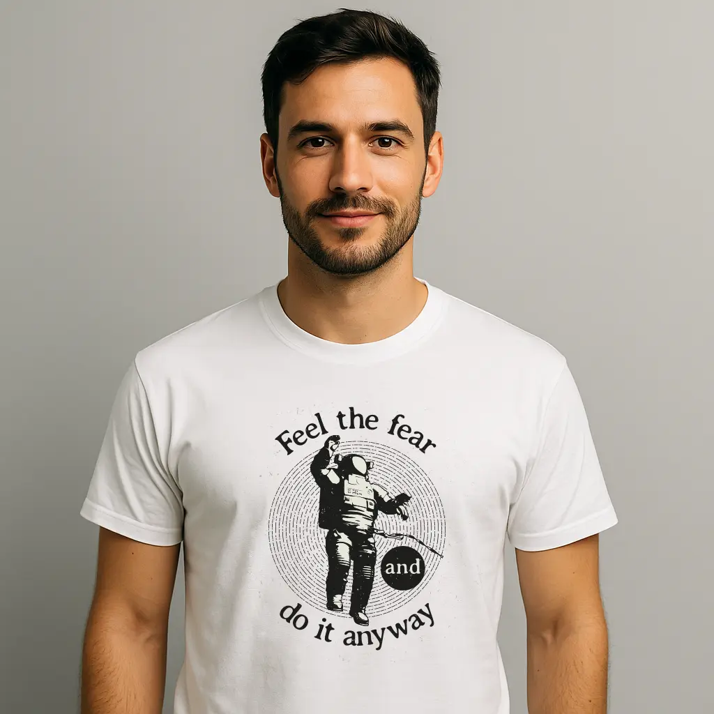 Mężczyzna w białej koszulce z własnym nadrukiem na przodzie, klasyczny układ nadruku na T-shircie z nadrukiem