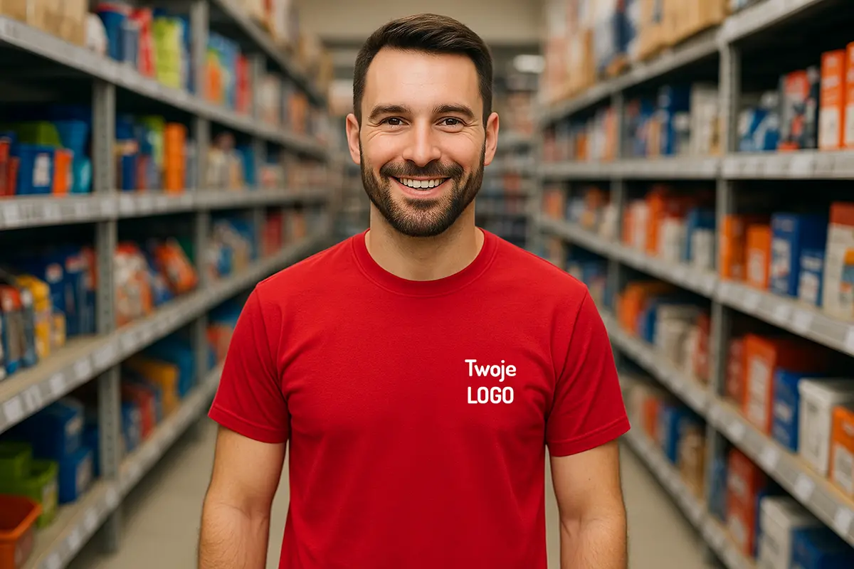 Uśmiechnięty pracownik sklepu w czerwonej koszulce firmowej z nadrukiem Twoje LOGO stojący w alejce między regałami