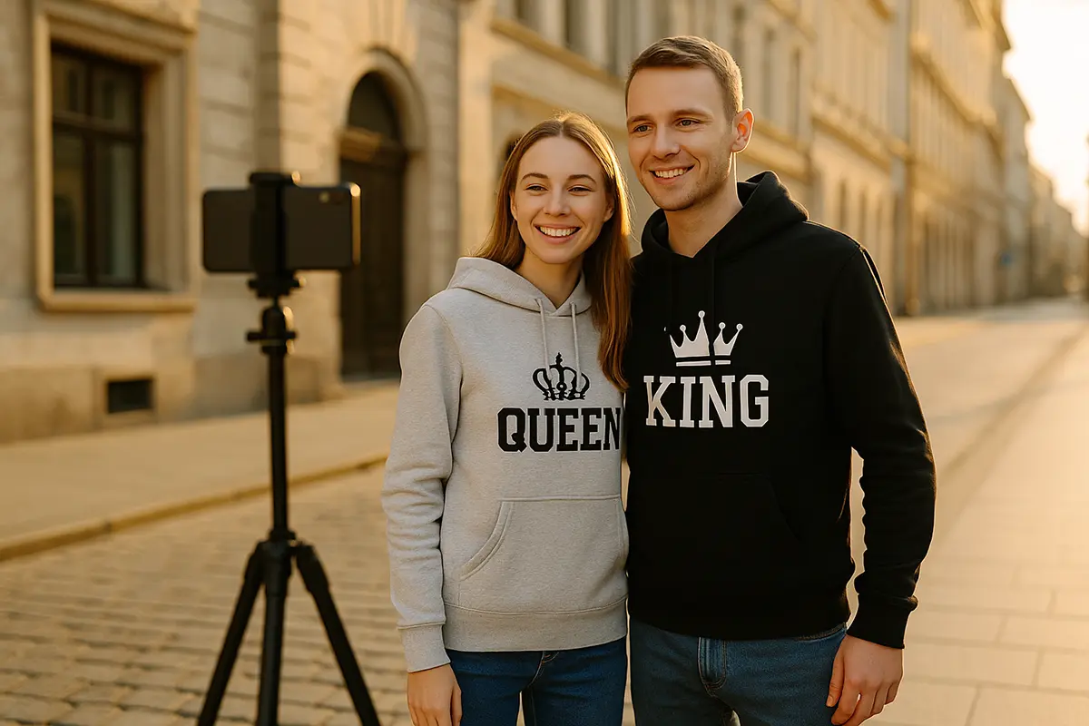 para w bluzach z motywem KING QUEEN podczas sesji zdjęciowej na pustej ulicy, zachód słońca.