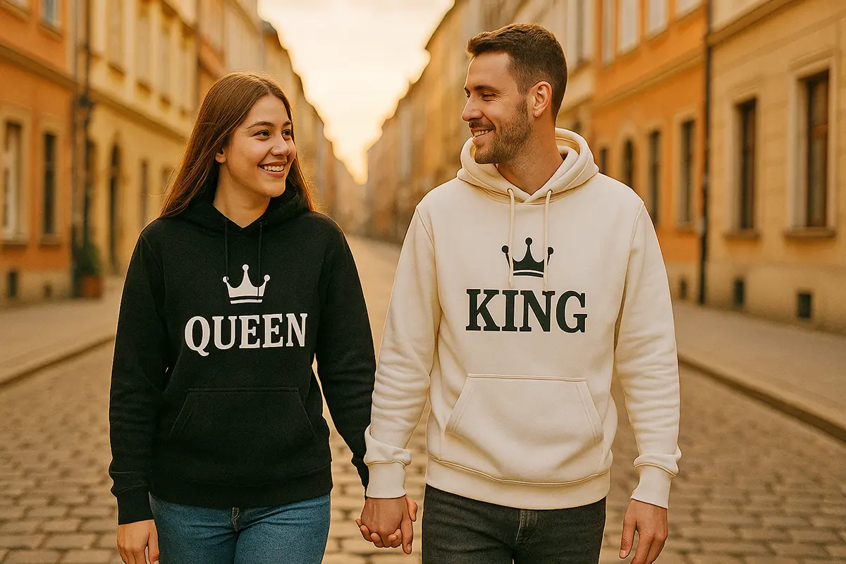 Para w bluzach dla par, ona w czarnej z napisem QUEEN i koroną, on w białej z napisem KING i koroną. Spacer p mieście podczas zachodu słońca