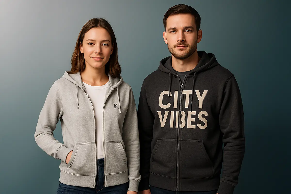 Kobieta i mężczyzna na studyjnym, gradientowym tle; ona w rozpiętej bluzie z małym nadrukiem na piersi, on w zapiętej bluzie z dużym nadrukiem na przodzie.