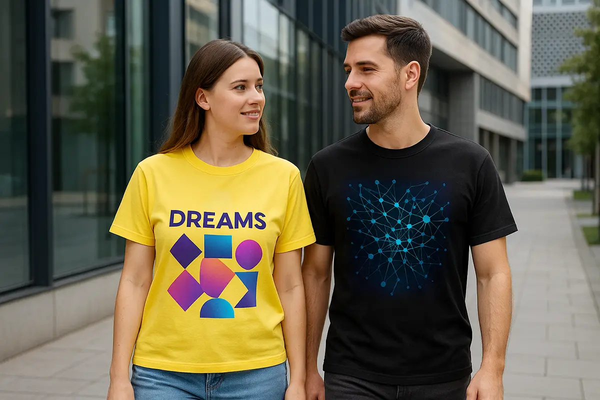 Para w koszulkach z grafikami AI: ona żółty T-shirt „DREAMS”, on czarna koszulka z motywem sieci neuronowej; plener miejski