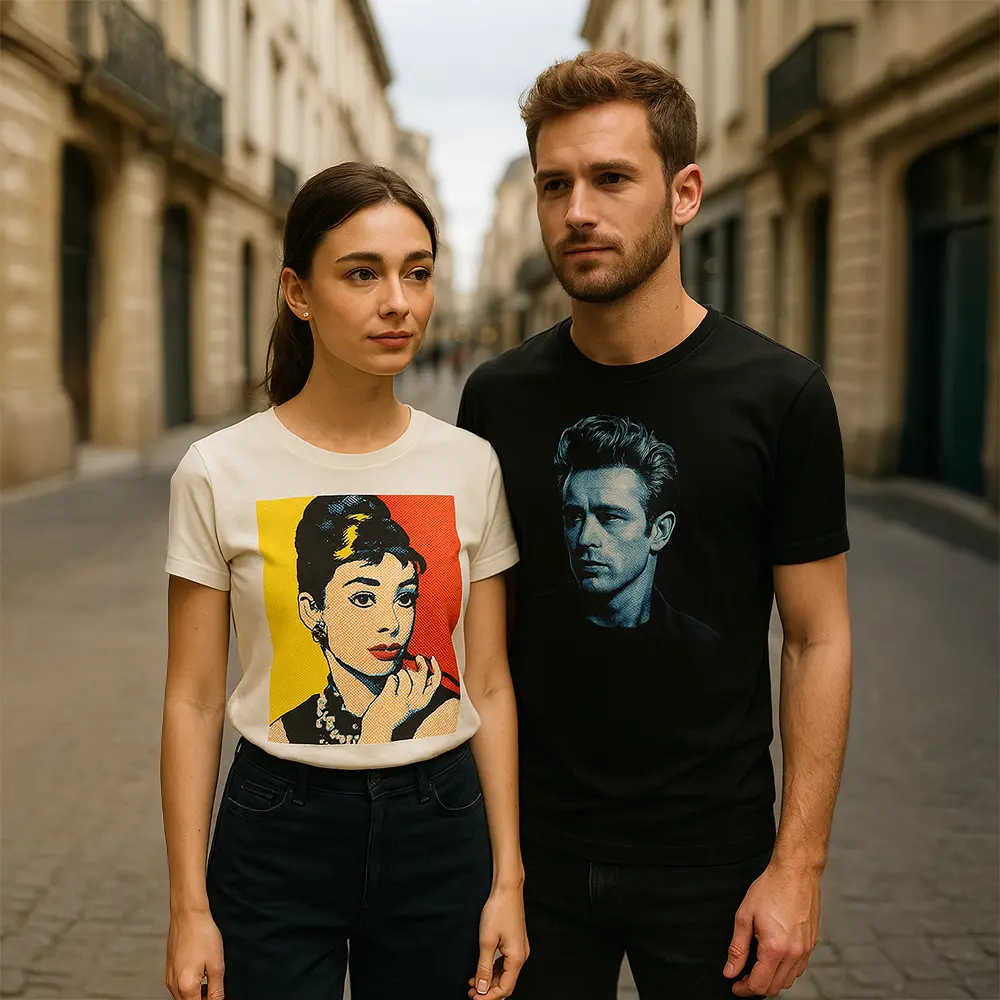 para na ulicy w koszulkach z własnym nadrukiem z podobiznami Audrey Hepburn i Jamesa Deana