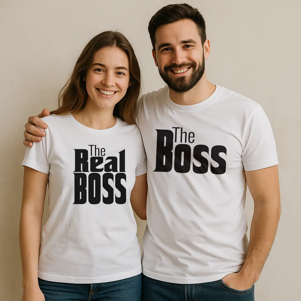 Para w białych koszulkach dla par z nadrukiem THE BOSS i THE REAL BOSS — pomysł na prezent walentynkowy