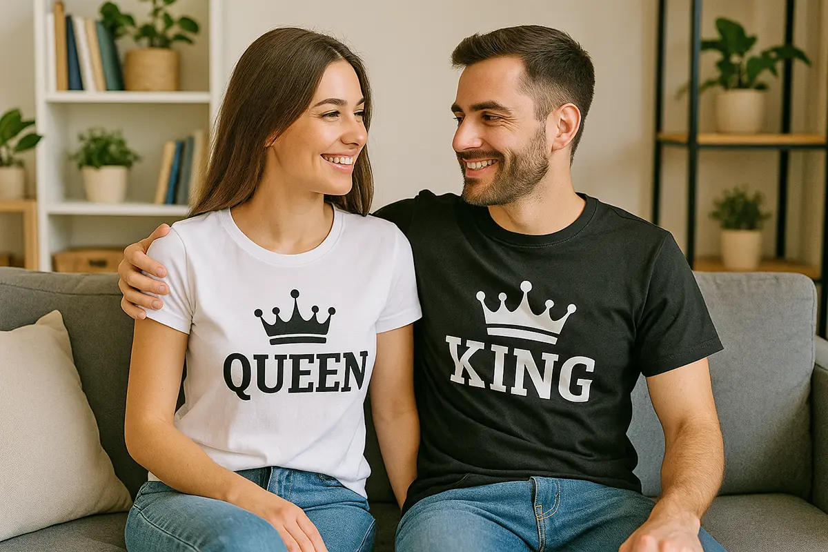 para w koszulkach z motywem KING QUEEN siedzi na kanapie, przytulne mieszkanie.