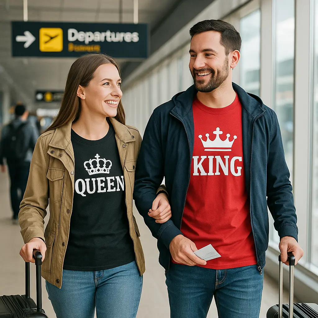 para w koszulkach z motywem KING QUEEN na lotnisku