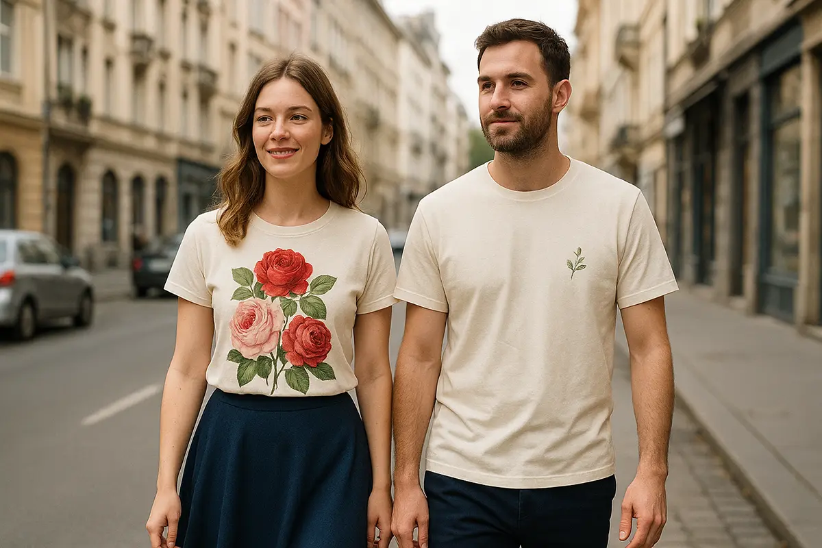 Para podczas spaceru w koszulkach z własnym nadrukiem z kwiatowymi motywami