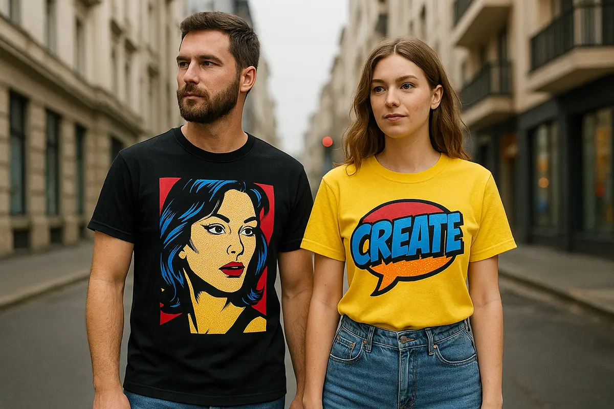 para na ulicy w koszulkach z własnym nadrukiem w stylu pop-art