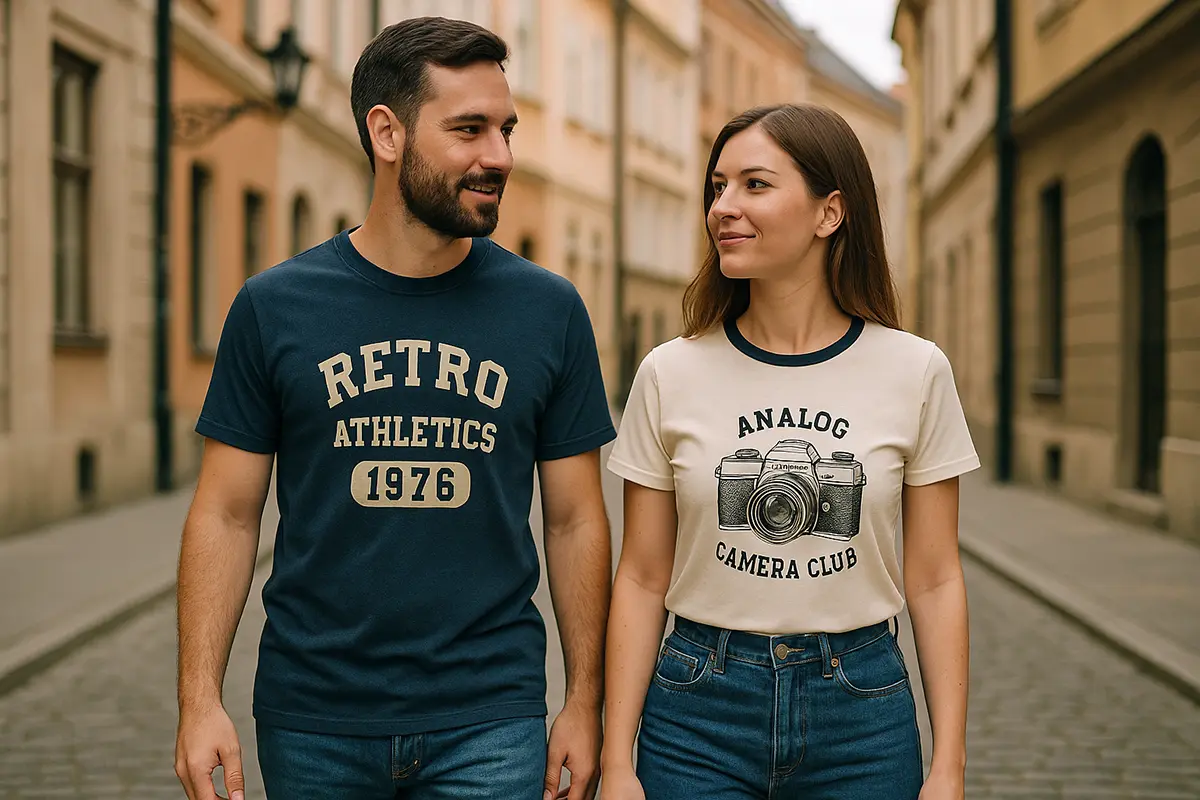 Para w koszulkach retro: ona „Analog Camera Club”, on „Retro Athletics 1976”; spacer po europejskiej ulicy, klimat vintage, trend 2026.