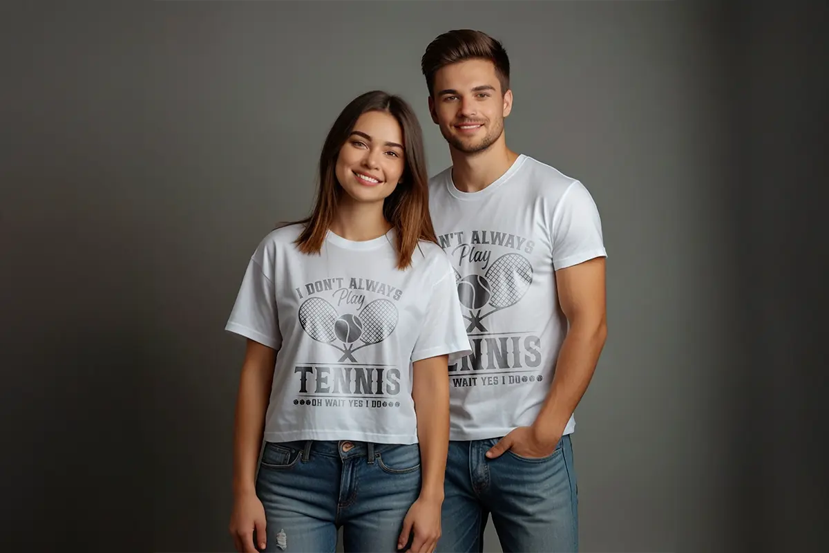 para w identycznych koszulkach z motywem tenisowym na studyjnym tle