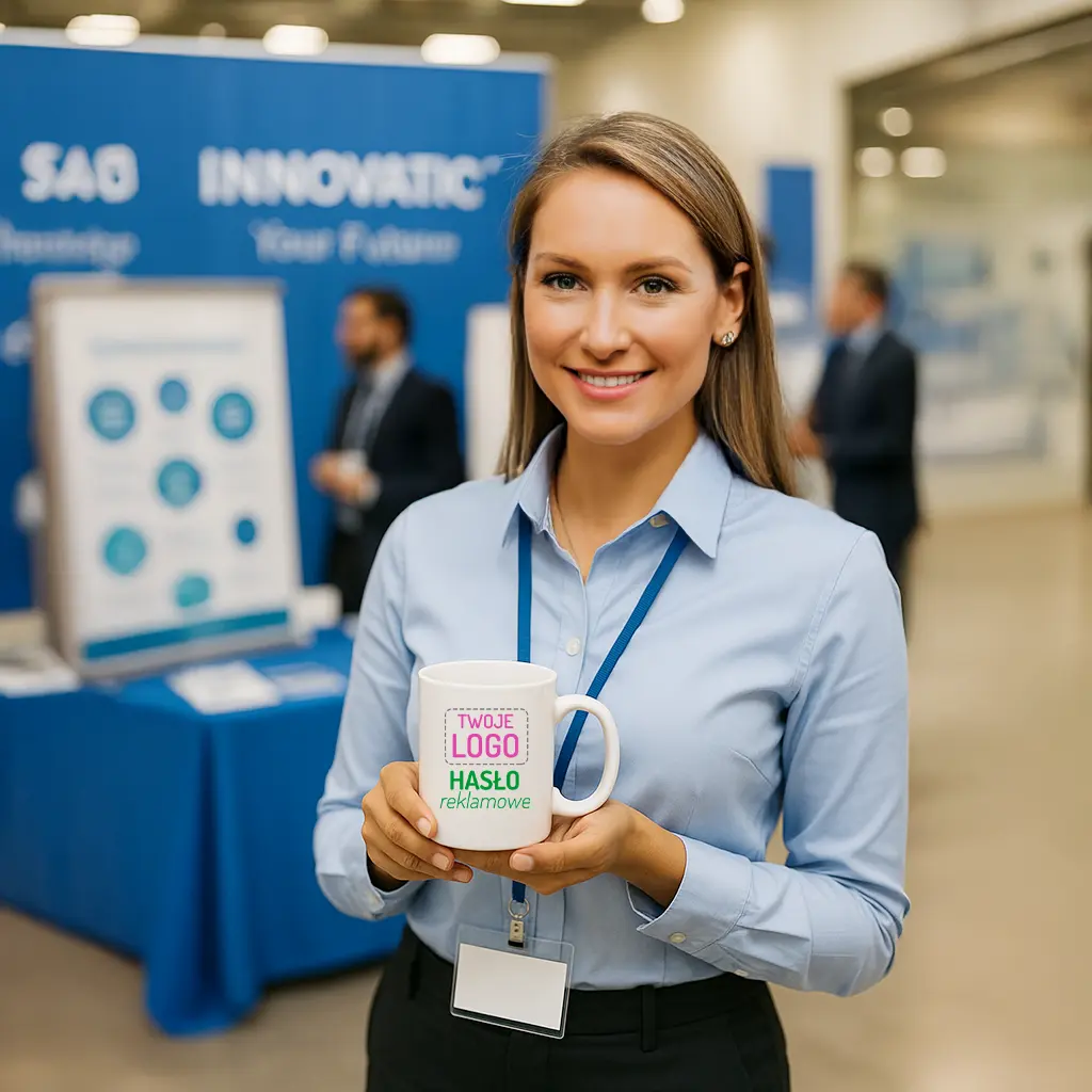 pracownik podczas targów prezentuje kubek z logo i hasłem reklamowym