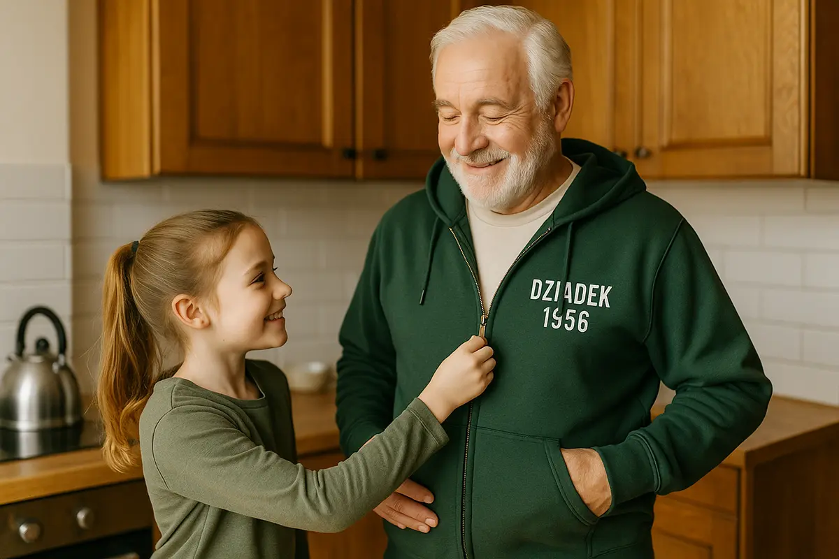Dziadek w zielonej bluzie rozpinanej z nadrukiem „Dziadek 1956”, obok uśmiechnięta wnuczka zapinająca zamek — praktyczny prezent dla seniora.