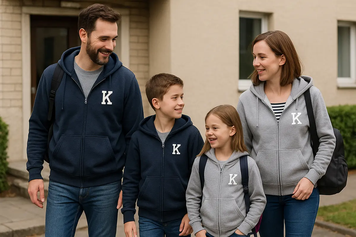 Rodzina w bluzach rozpinanych z własnym nadrukiem: monogram „K” na piersi