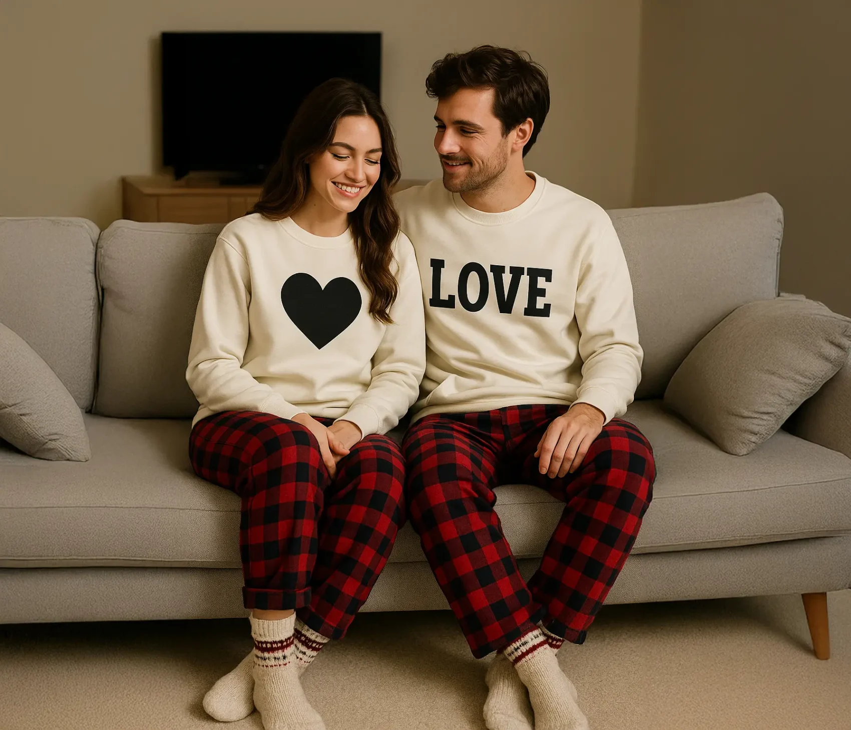 Kremowe bluzy crewneck dla par, flanelowe spodnie w czerwono-czarną kratę i ciepłe wełniane skarpety – leniuchowanie w domu.