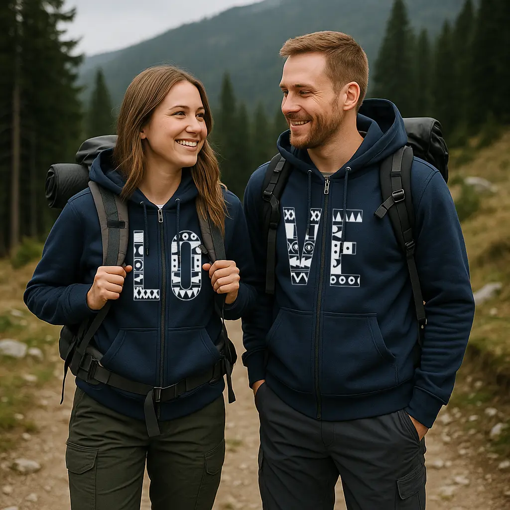 Bluzy rozpinane dla par ze sprzętem trekkingowym, spodnie outdoor i buty do wspinaczki – wspólne wyjście w góry.
