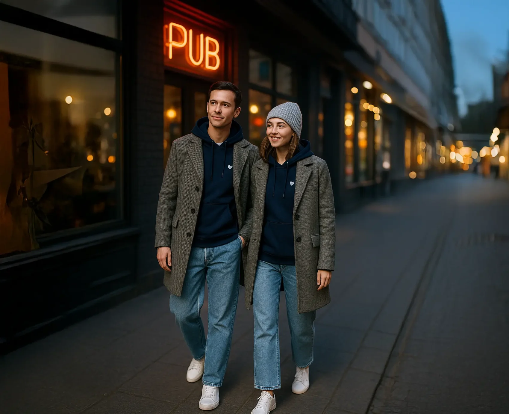 Granatowe bluzy rozpinane dla par, jasne jeansy wide-leg, szare płaszcze w kratę i białe sneakersy – wyjście do pubu.