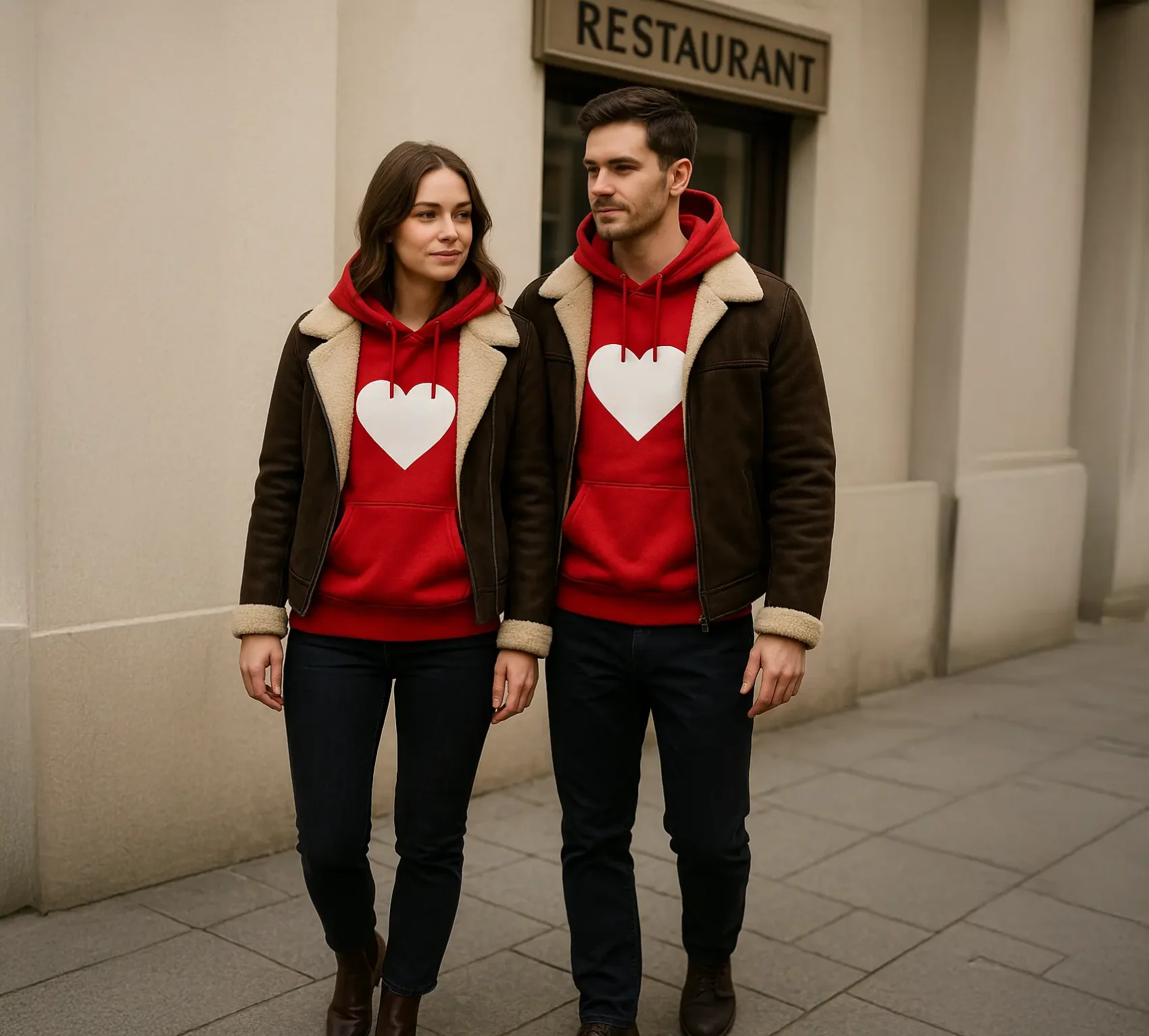 Czerwone bluzy kangurki dla par, granatowe chinosy, krótkie kożuszki w ciemnym brązie i botki – restauracyjny look.