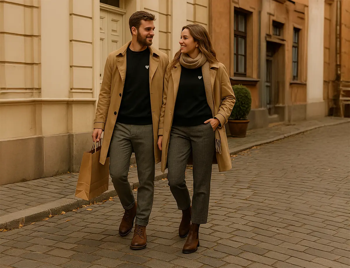 Para w czarnych bluzach crewneck dla par, wełniane spodnie w kratę, beżowe trencze i workery – elegancka stylizacja na rodzinne spotkanie.