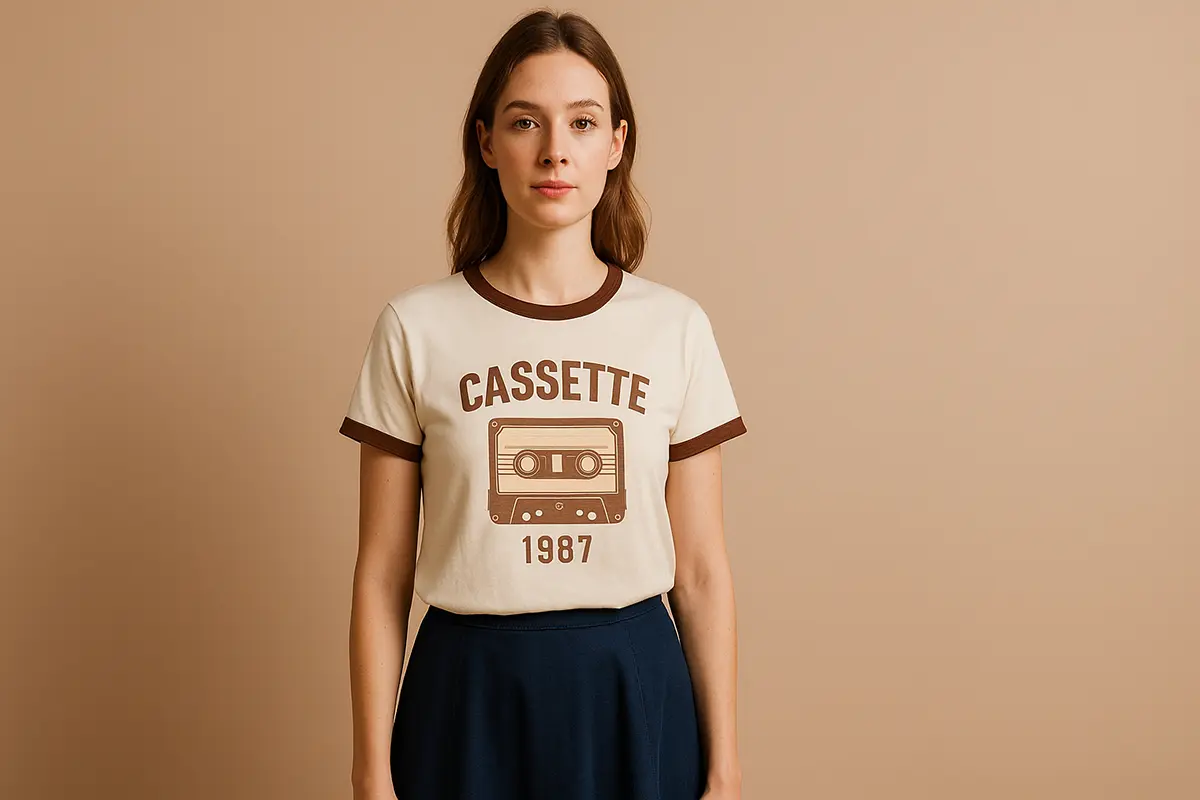 Kremowa koszulka z własnym nadrukiem w stylu retro – grafika kasety „Cassette 1987”, ujęcie studyjne.