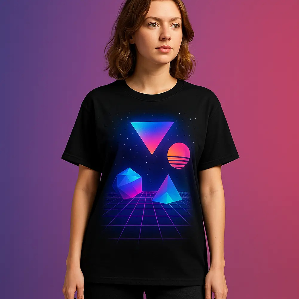 Czarna koszulka oversize z neonową, cyfrową grafiką 3D—siatka, bryły i gradient; trend 2026: sztuka cyfrowa na T-shirtach.