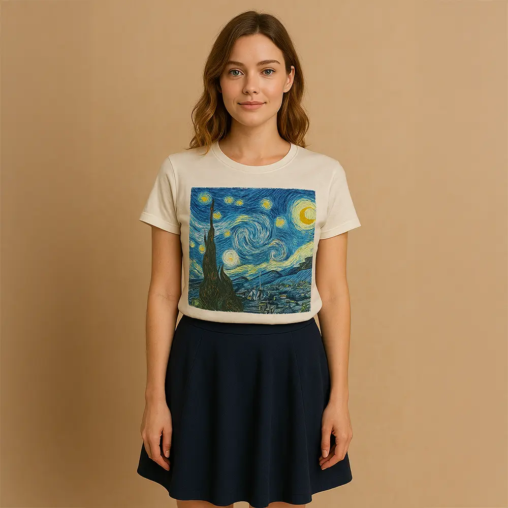 młoda dziewczyna w koszulce z obrazem Van Gogha